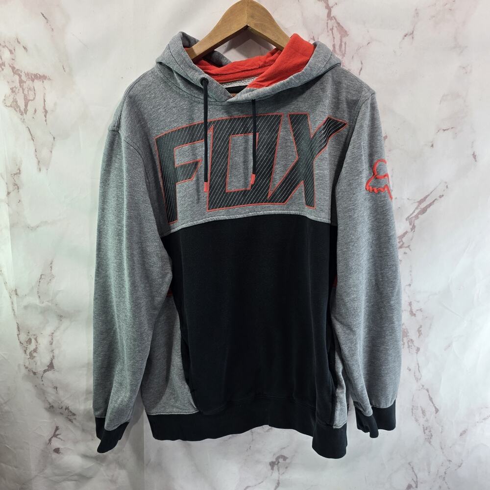 Fox Racing Hoodie Mens Large Gray Black Cotton Sweatshirt Pullover